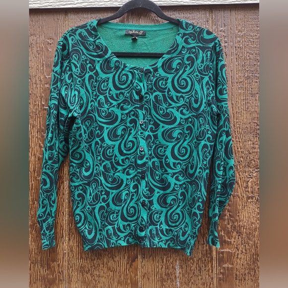 Vintage Top Knits Large Cardigan Button up Sweater Teal Black Swirl Long sleeves - Picture 1 of 3